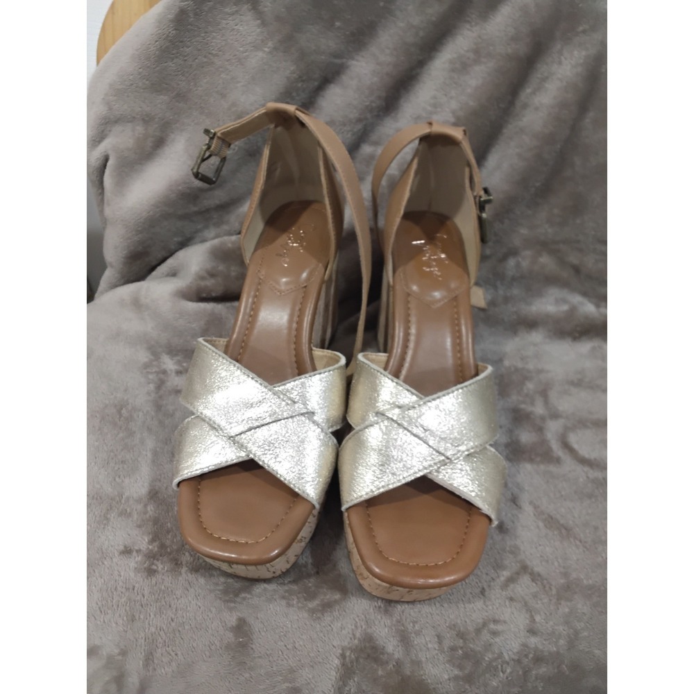 Crown Vintage Silver Metallic Strappy Cork Wedge Sandals Women's Size 8M